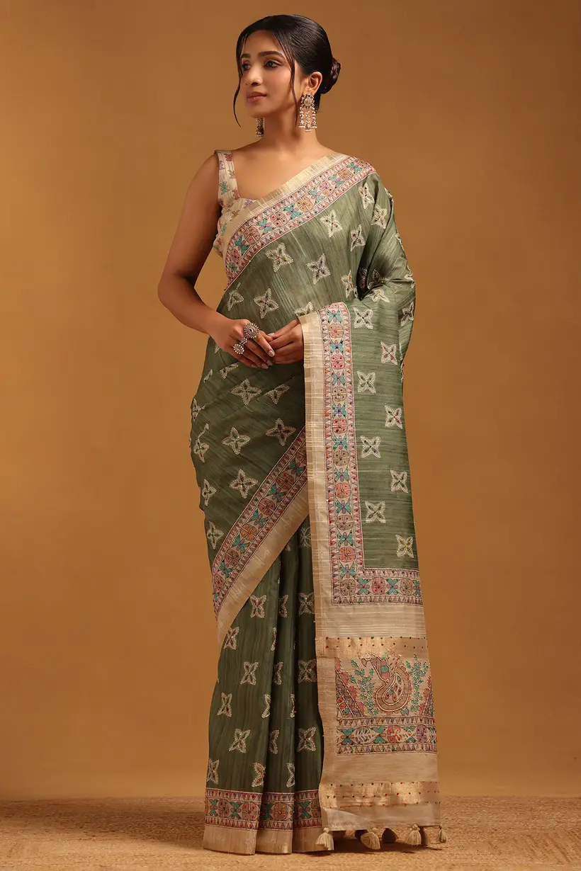 Olive Tussar Ethnic Motifs Saree With Kantha Embroidery